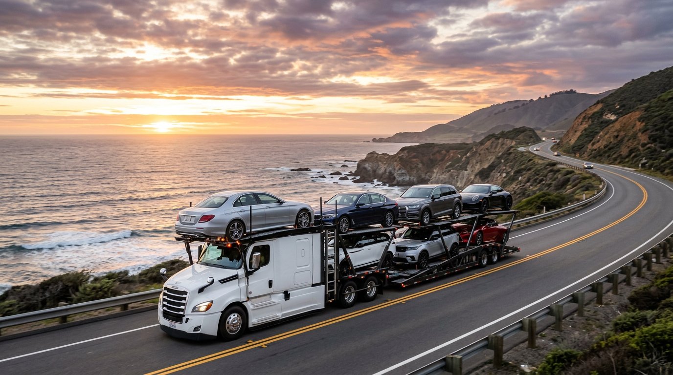 Safe Ride Auto Transport white car carrier transporting luxury vehicles along the Pacific Coast Highway at sunset