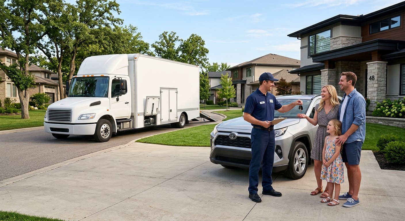 Safe Ride Auto Transport door-to-door delivery at a suburban home